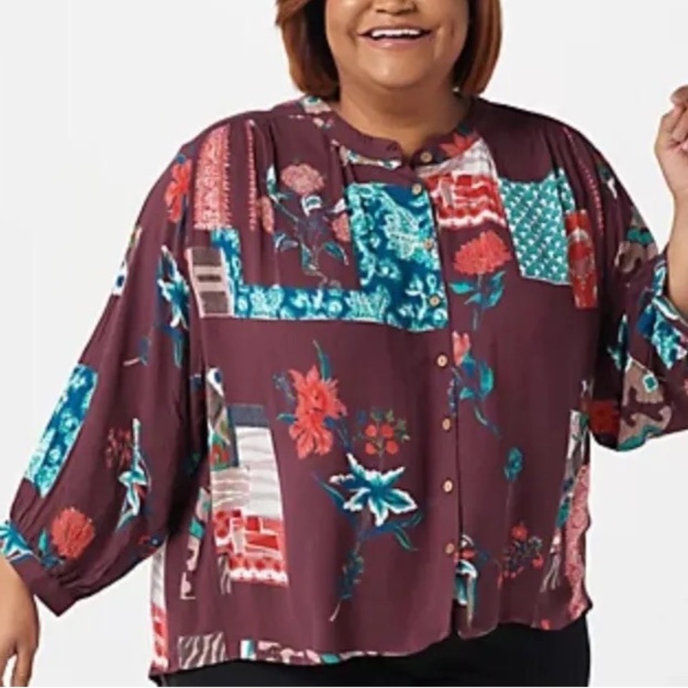 Tolani Collection Button-Front 100% Viscose Crinkle Gauze Printed Top Floral NWT